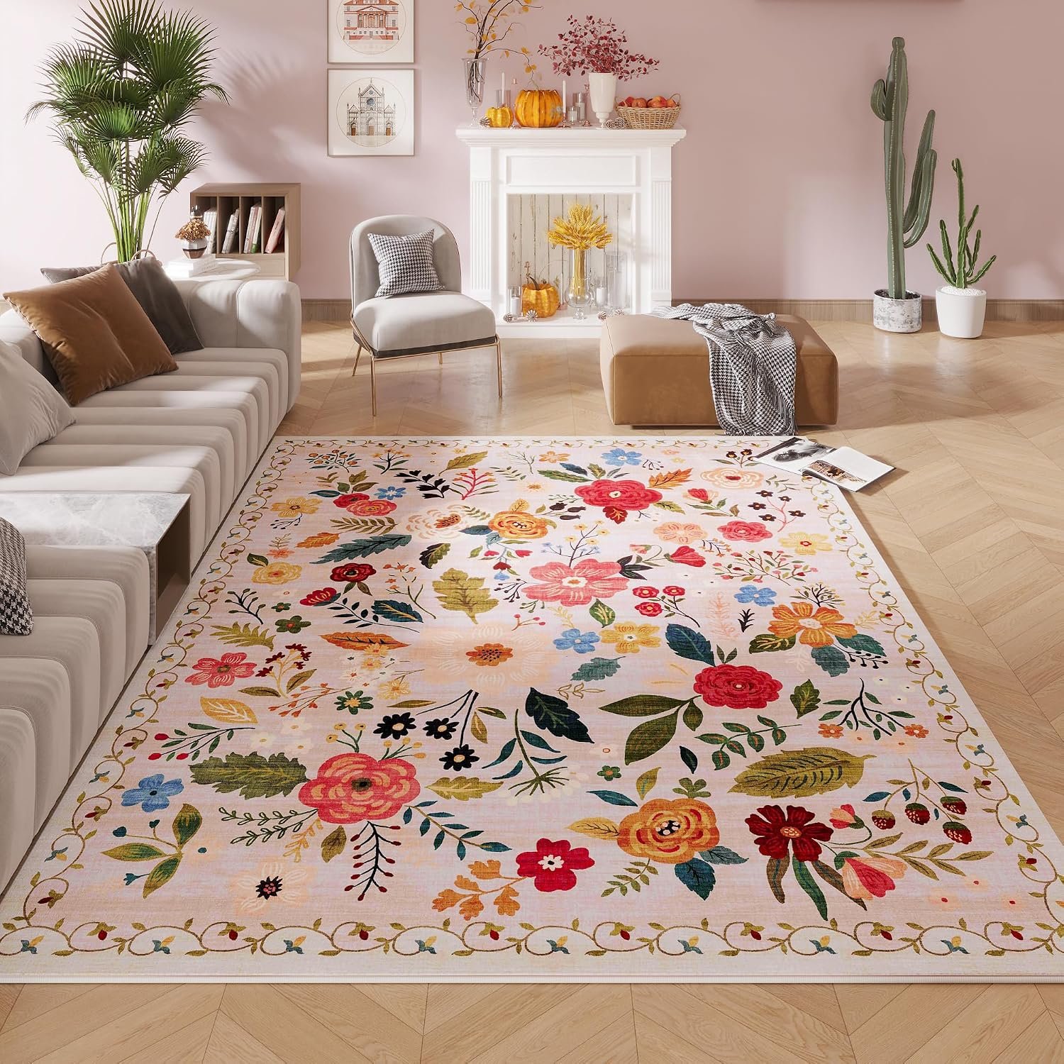 Rugcomf Living Room Rug 6×9 Rug Machine Washable Boho Area Rug Non Slip Floral Vintage Low Pile Large Rug for Living Room, Bedroom, Farmhouse, Dining Room, Kids Playroom(Beige)