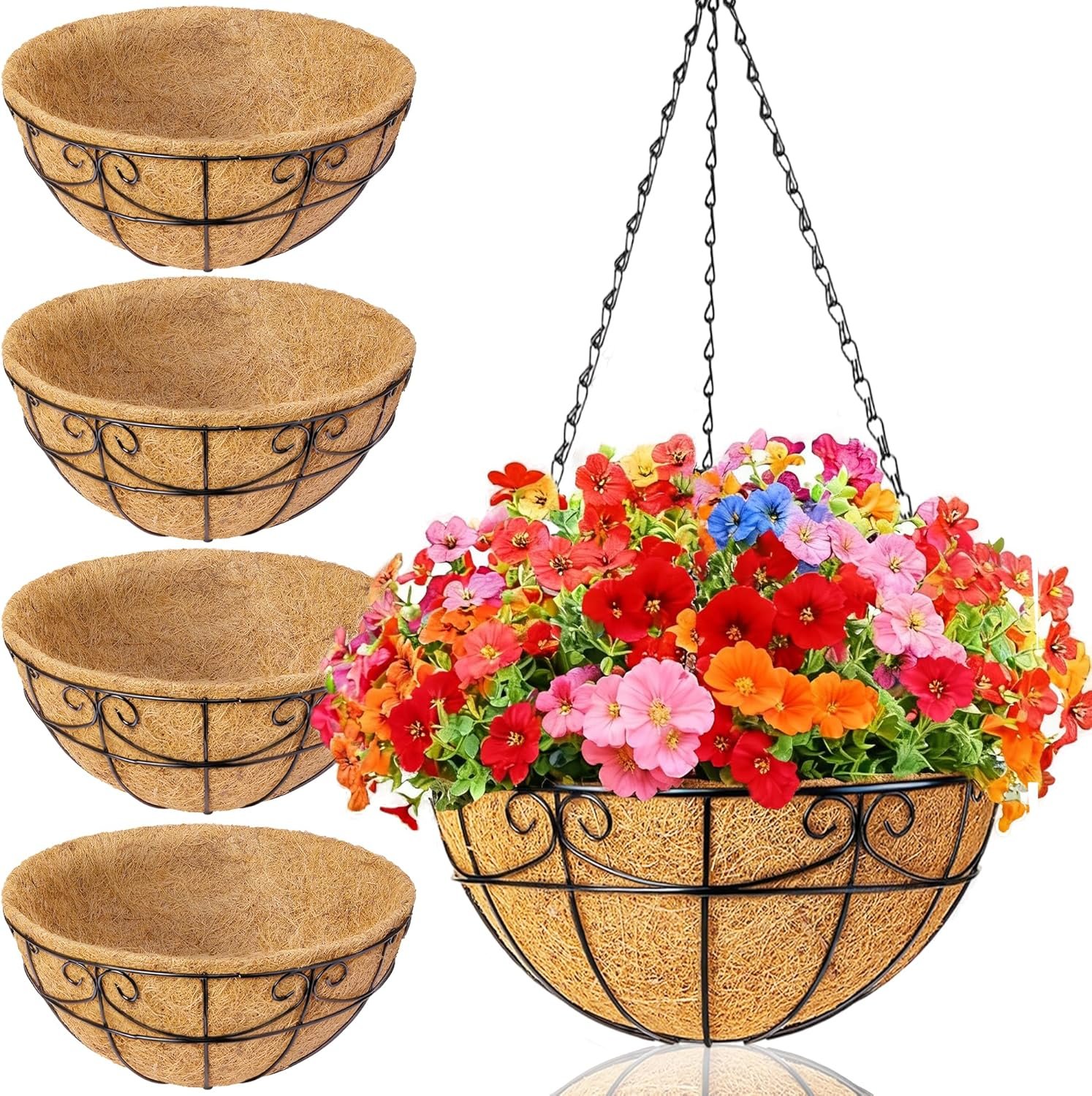 4 Pack 13.5 Inch Hanging Baskets for Plants Outdoor – Metal Hanging Planters for Outdoor Plants with Coco Liners – Heavy Duty Empty Hanging Flower Pots for Porch Patio Garden