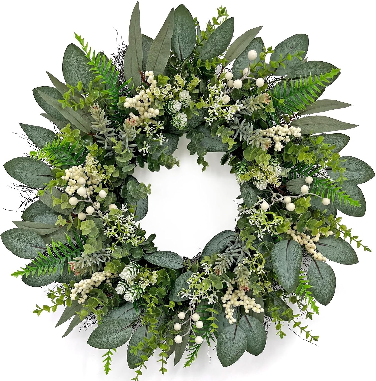 24 Inch Greenery Wreaths for Front Door – Artificial Eucalyptus Wreath with White Berries and Mixed Green Leaves, Year-Round Farmhouse Indoor Outdoor Door Wreath for Spring Summer Home Decor