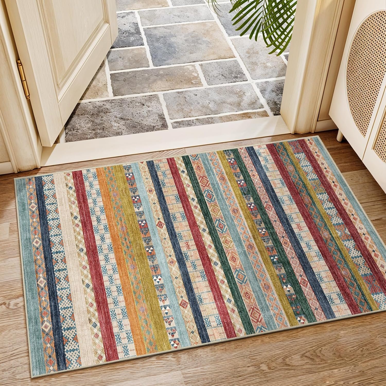 2×3 Washable Boho Area Rug – Non-Slip Entryway Throw Rugs Colorful Stripe | Low-Pile Thin Soft Carpet Pet-Friendly Easy-Clean Floor Mat for Entryway Hallway Kitchen Living Room Bedroom Indoor Decor
