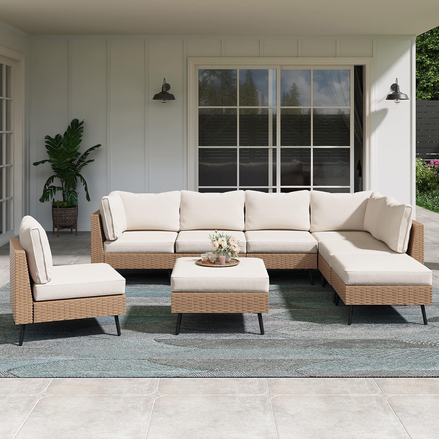Outdoor Patio Furniture, 8 Piece Outdoor Sectional Sofa PE Rattan Wicker Patio Conversation Sets,All Weather Patio Furniture Set with Thick Cushions for Garden, Poolside, Backyard(Beige)