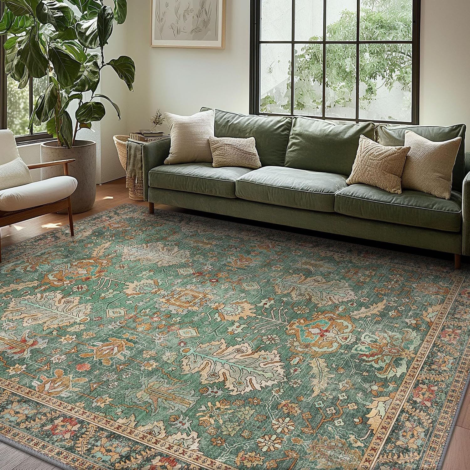 Washable Area Rugs 8×10 Green Boho Rug Tumble Vintage Large Carpet for Living Room Bedroom Dining Room, Non Slip Thin Low Pile Chenille, Dark Sage/Gold