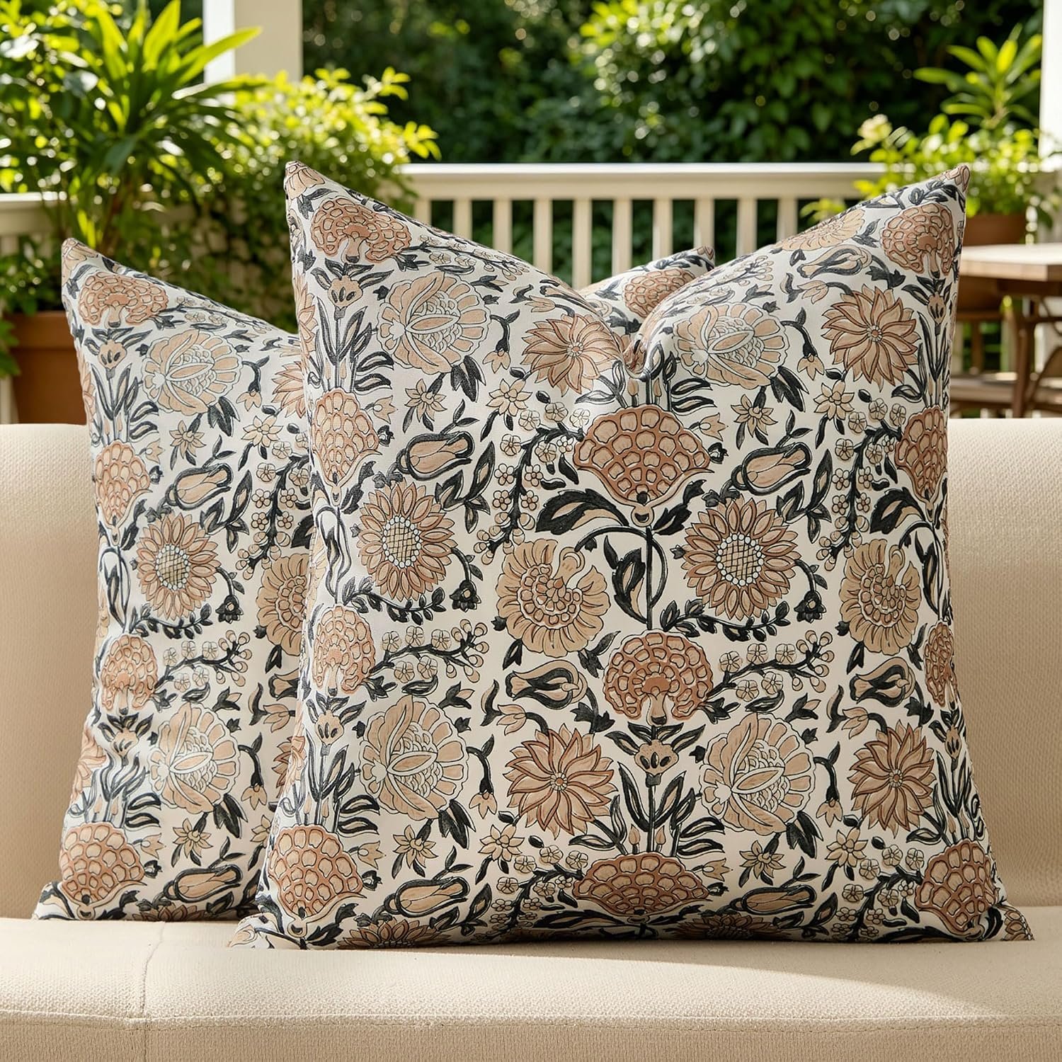 Allorry Outdoor Waterproof Pillow Covers 18×18 Brown Floral Outdoor Decor | Set of 2 Vintage Floral Block Print Pillow Cover,Farmhouse Boho Decorative for Spring Summer Outdoor Sofa Bedroom Decor