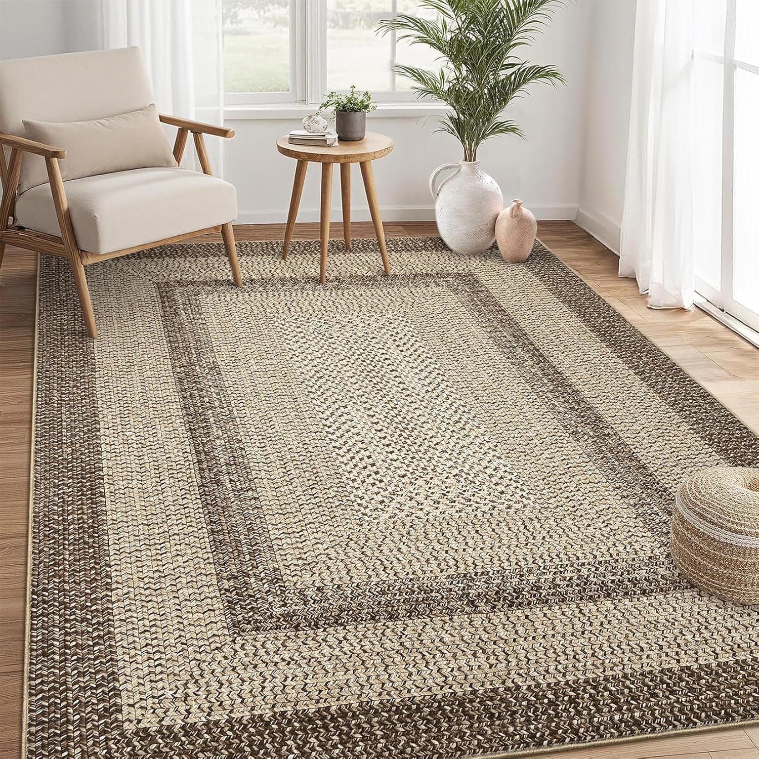 10×13 Large Living Room Rug Washable Braided Print Bedroom Rugs | Throw Carpet Farmhouse Rustic Dining Room Non Slip Geometric Bordered Carpet for Home Decor Office, Camel