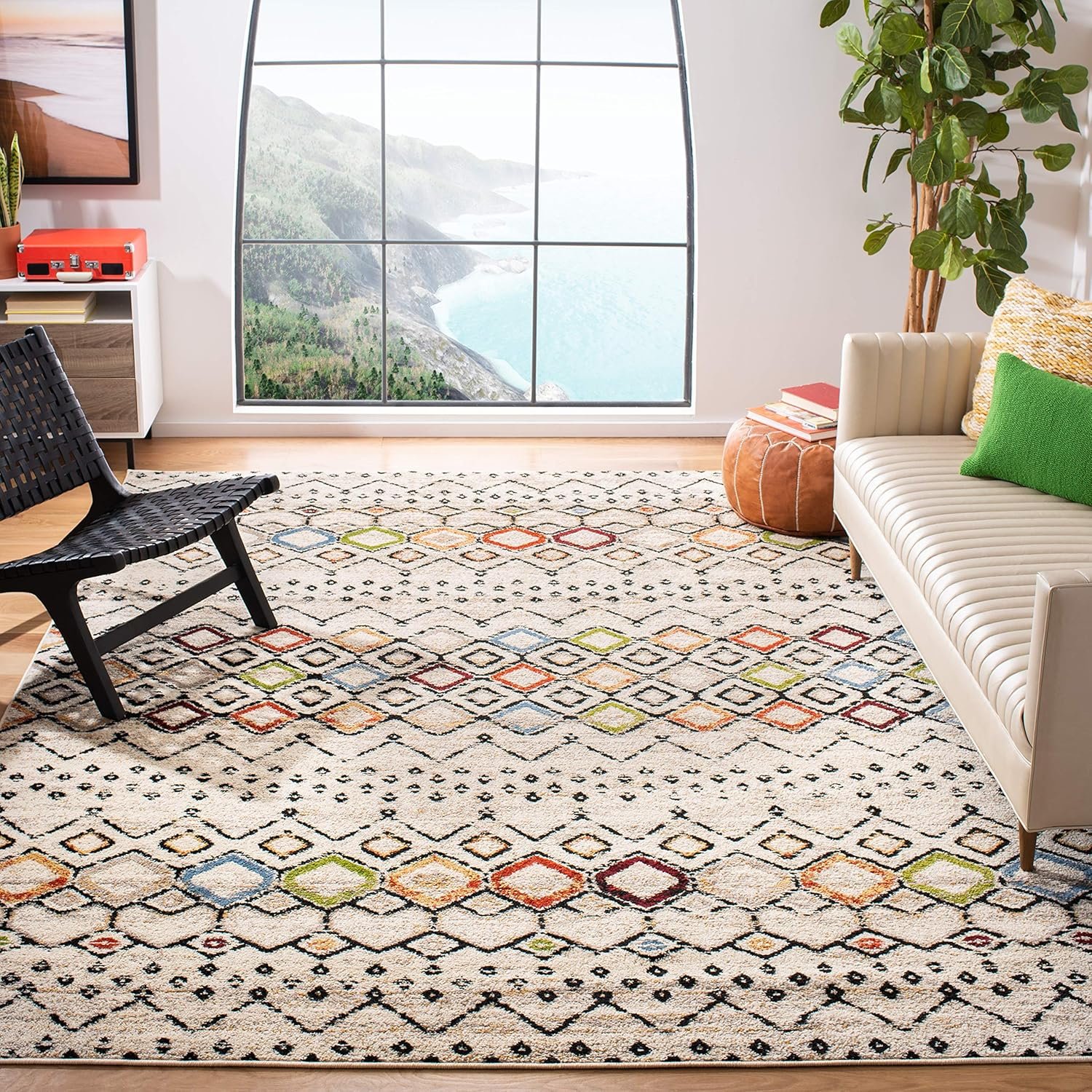 SAFAVIEH Amsterdam Collection Area Rug – 10′ x 14′, Ivory & Multi, Moroccan Boho Design, Non-Shedding & Easy Care, Ideal for High Traffic Areas in Living Room, Bedroom (AMS108K)