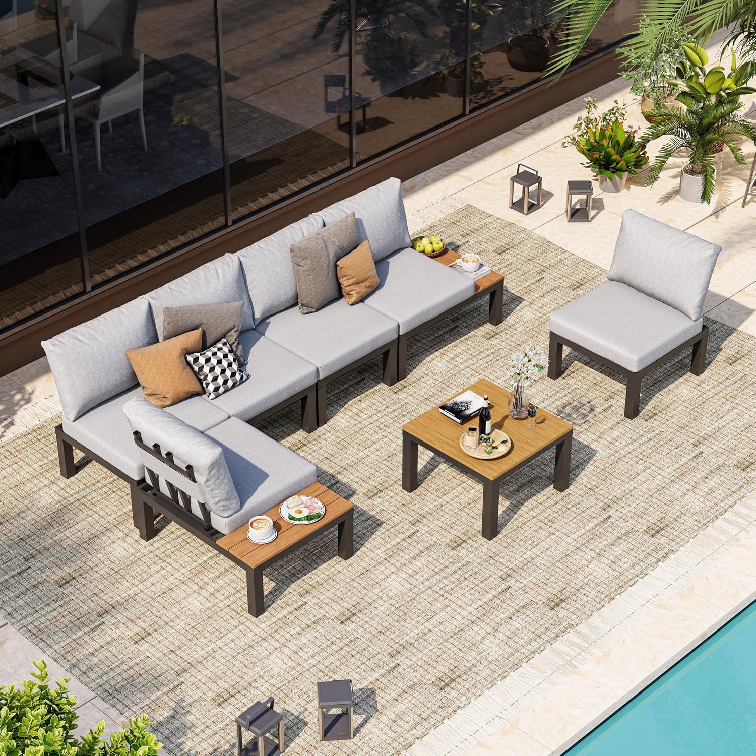 Aluminum Modular Outdoor Patio Furniture Set, 6 Seats Patio Sectional Sofa Set with Adjustable Backrest & Thick Cushions, All-Weather Conversation Sets with Table for Garden & Yard, Gray