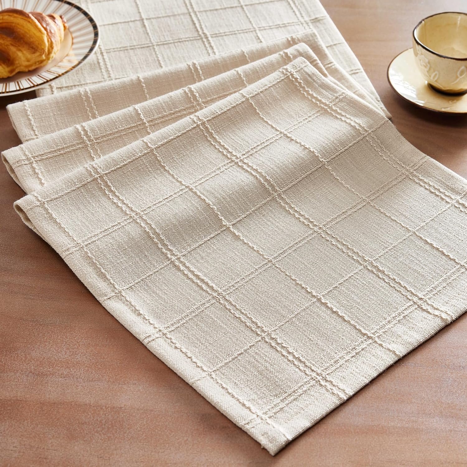 Linen Checked Farmhouse Table Runner, 13×72 Inches Neutral Beige | Raised Grid Design, Rich Woven Texture, Linen Blend Table Runners 72 Inches Long, Machine Washable, Boho Home Kitchen Decor