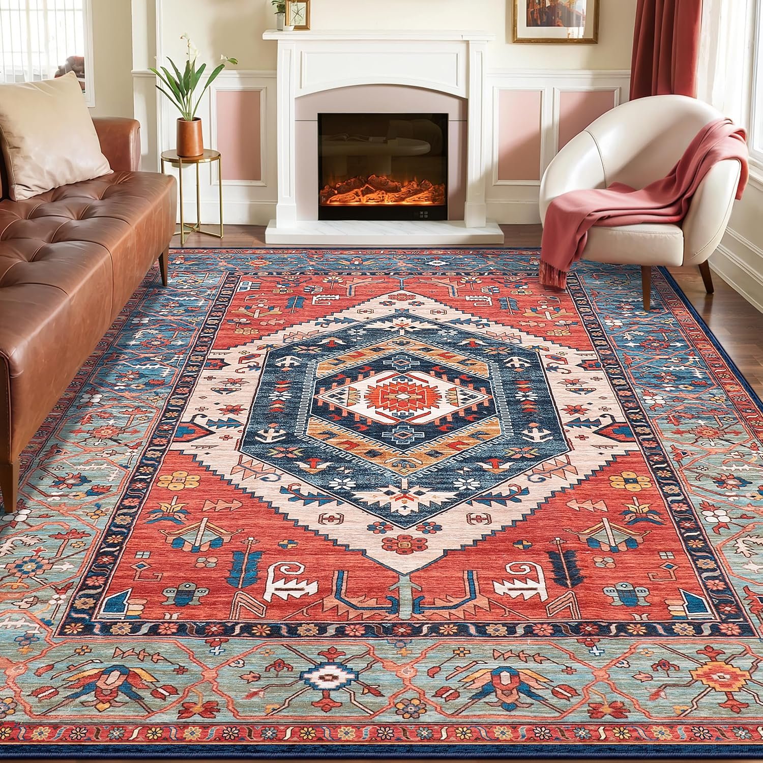 SERISSA 8×10 Washable Non Slip Boho Area Rug for Living Room，Rust | Ultra Soft Vintage Oriental Carpet Low-Pile Distressed Tribal Throw Carpet for Dining Room Bedroom Dorm Office Home Decor