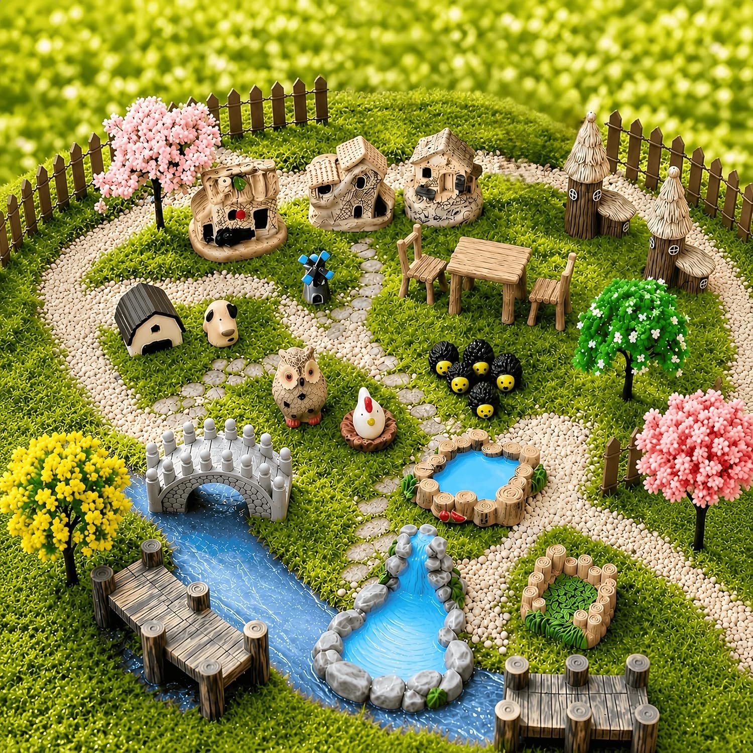 33 Pcs Fairy Garden Kit, Resin Fairy House Accessories with Animal Figurines & Fences, Stable & Noticeable Terrarium Decor for Outdoor Planters and DIY Micro Landscapes