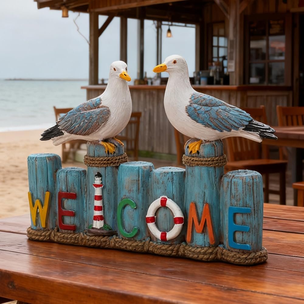 Resin Birds Statues -Welcome Sign, Seagull Nautical Decor,Indoor or Outdoor Decor for Entryway,Garden,Lake&Beach House,Unique Housewarming Gifts