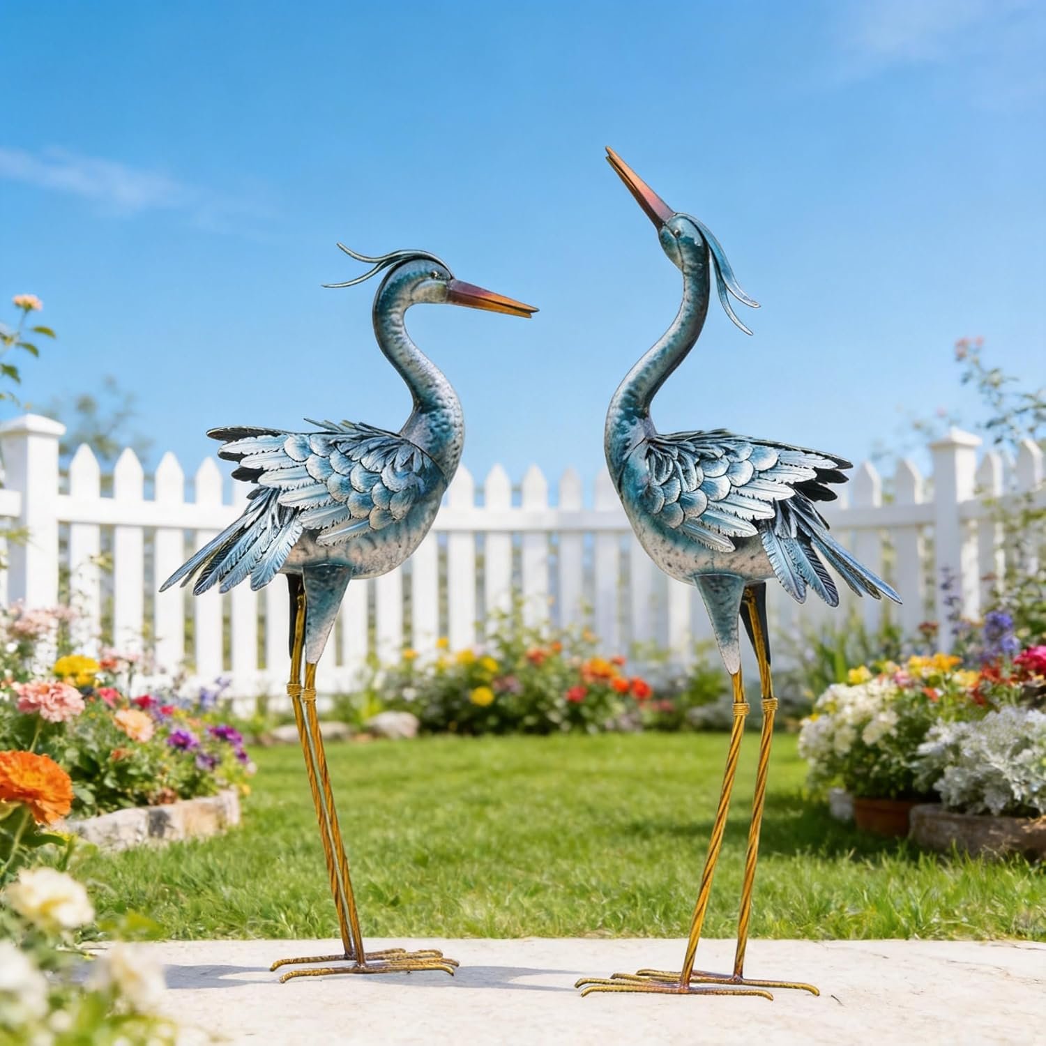 chisheen Garden Crane Statues 2pcs Metal Outdoor Sculptures for Yard Decor